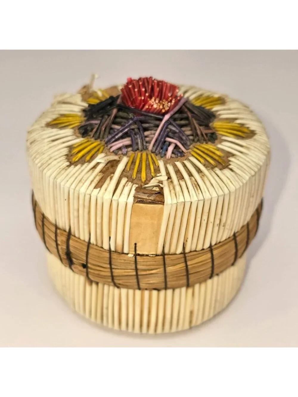 Vintage Native American Porcupine Quill Basket Handwoven Colorful BA213i